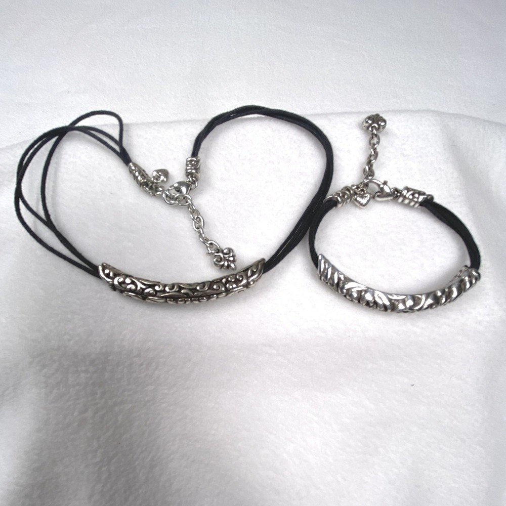 Brighton Silver Scroll Filigree Black Cord Choker Necklace and Bracelet Set